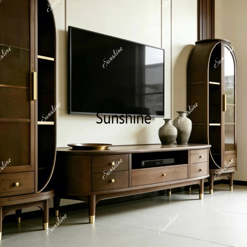 

New Chinese medieval, solid wood, TV cabinet combination villa hotel large apartment customization