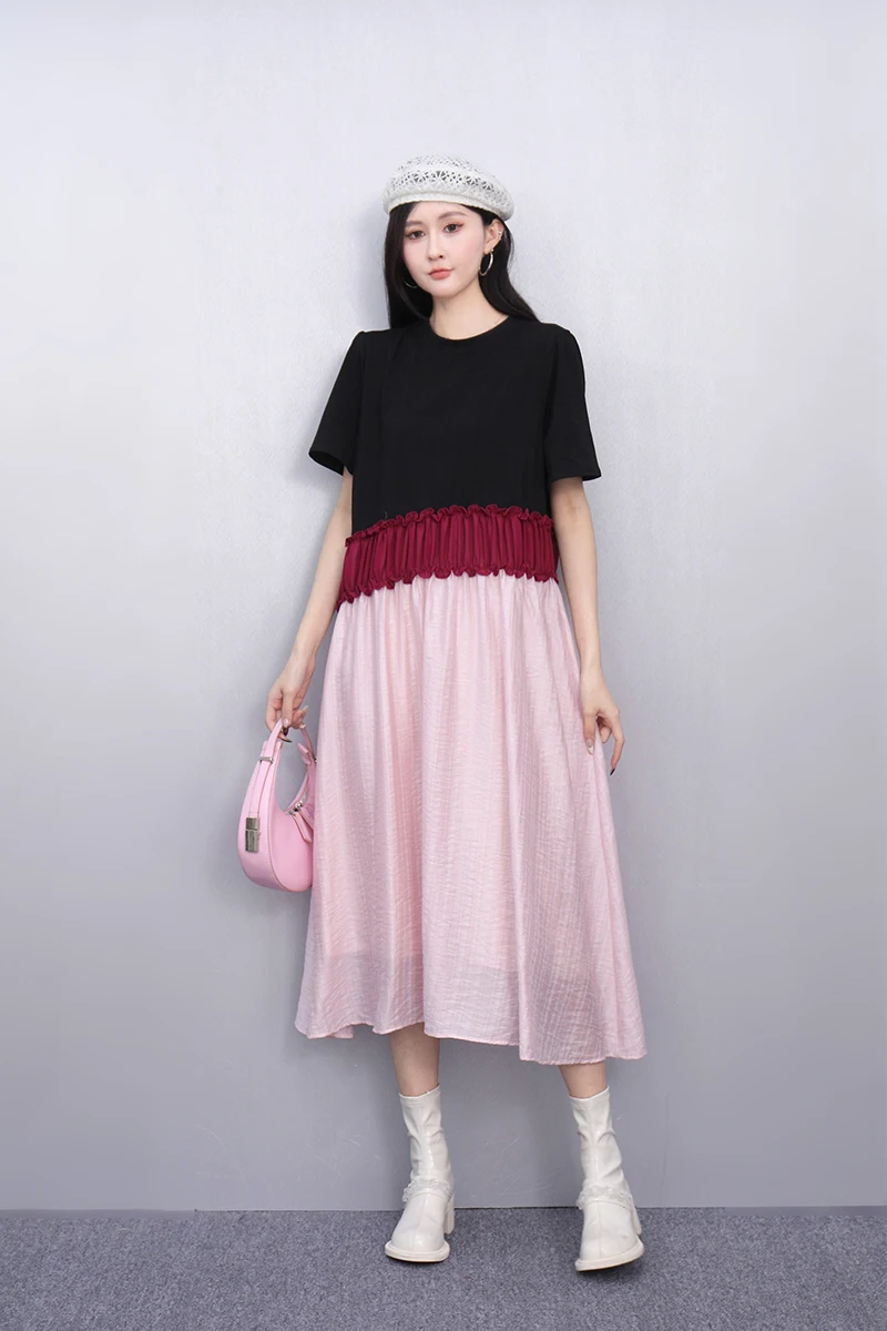 

2025 Summer New Fashion Patchwork O-Neck Loose Long Dresses Women Short Sleeve Dress Female Wholesale J1011