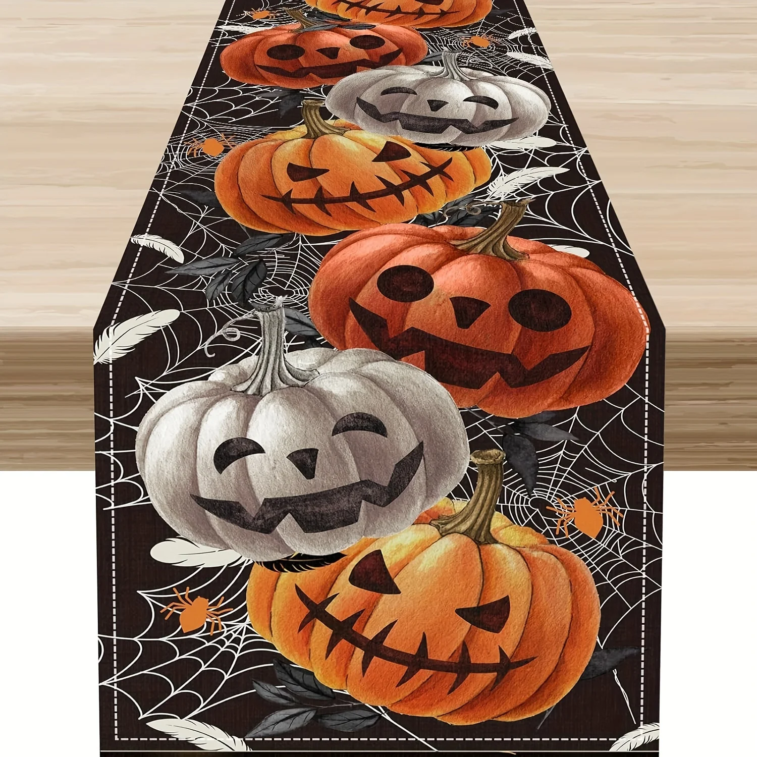 

1 Halloween Themed Table Runner, Decorative Pumpkin Head, Spider Web, Feathers, Suitable for Parties, Restaurants, B&Bs, Markets, Holiday Decoration Scenes.
