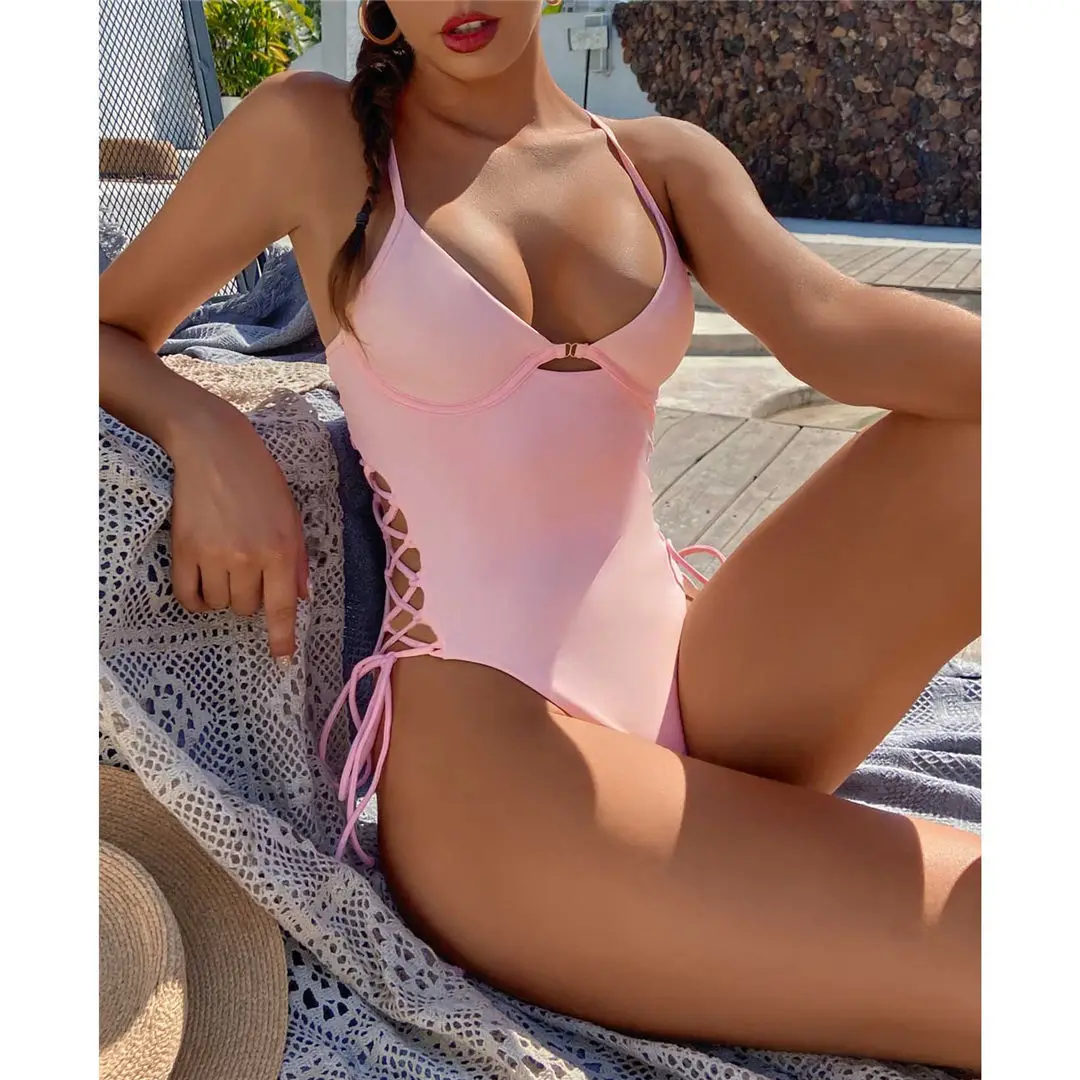 Sexy, mit Schnürung versehener, einteiliger Badeanzug mit Bügel, Damen-Bademode, rückenfreier Monokini-Badeanzug, Badeanzug für Damen, Modell V2906. – Detail 17