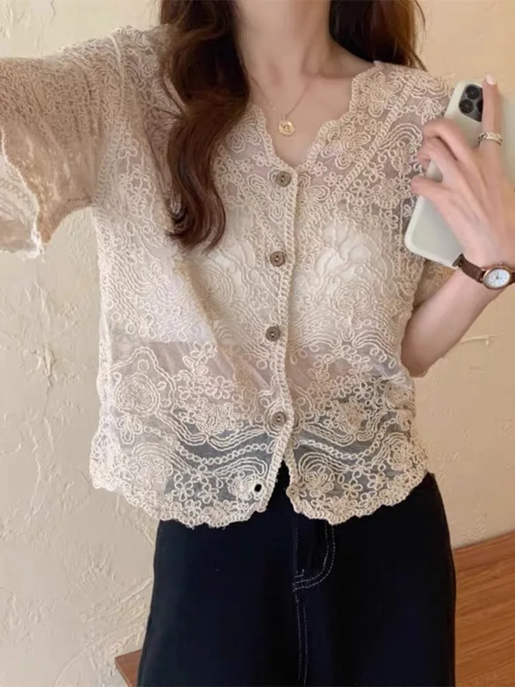 Ele évider dentelle Protection solaire soie Cardigan femmes irt superposition conception oulder poinçon petit Jaet trajet d'été...