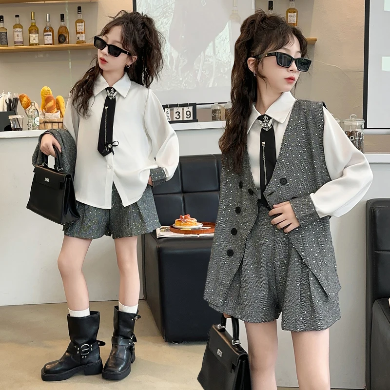 autumn french design teen girls clothes set outfit trendy street sequin vest+white shirt+shorts+tie 4pcs kids suit child outfits