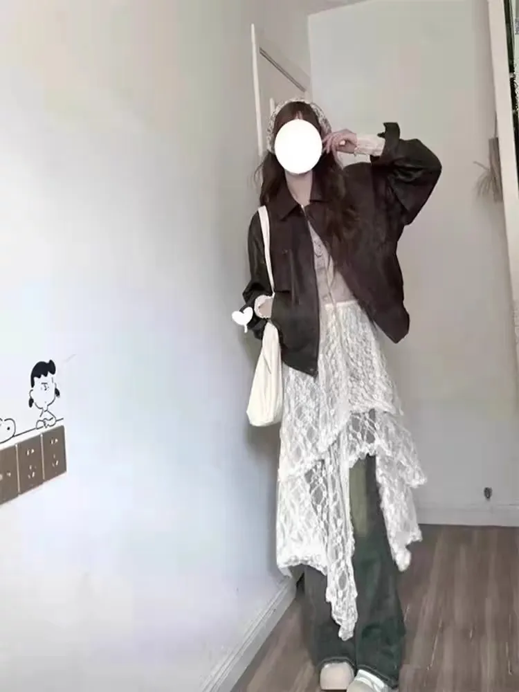 Retro Korean Lace Overlap Midi Skirt Women's Autumn Irregular Design Sense Half Skirt Mesh Apron Mid-Length Skirt