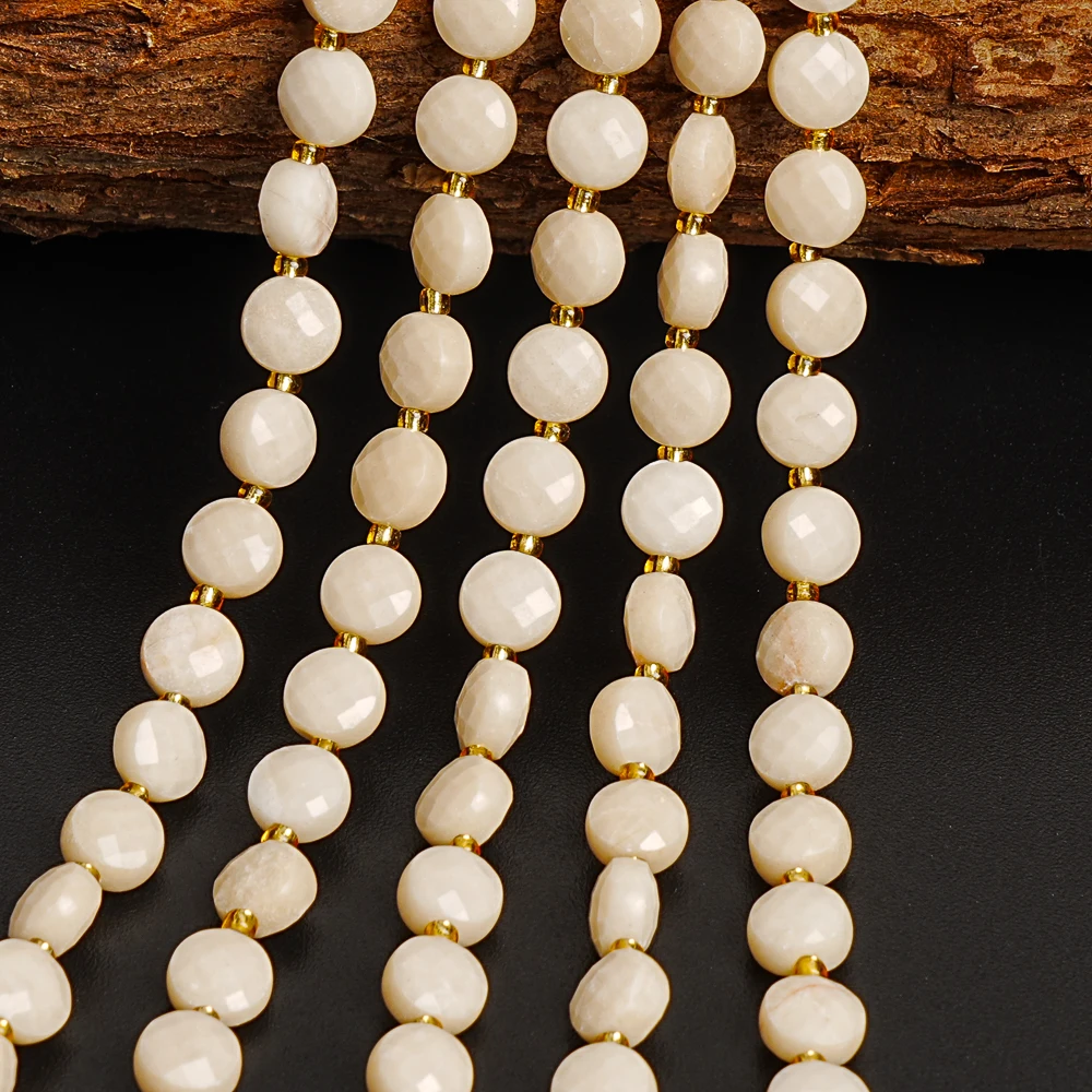 BEIGE NATURAL STONE BEADS FACETED FLAT ROUND COIN LOOSE BEADS FOR JEWELRY MAKING DIY HANDMADE BRACELET NECKLACE ACCESSORIES 6MM