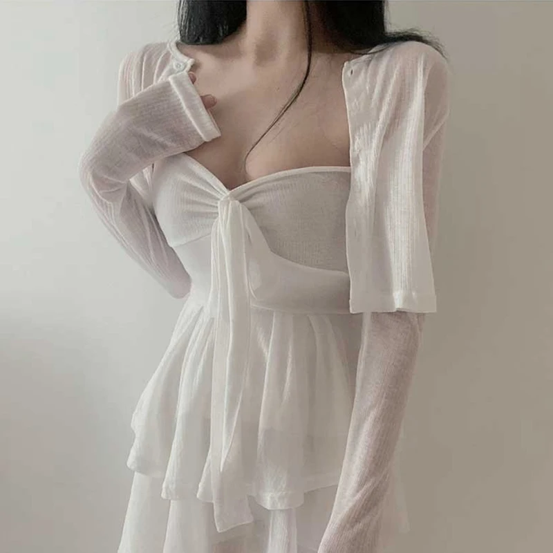 

Women's Slim Fit Sexy Micro Translucent Strap Cardigan Two Piece Set Top Fashionable Casual Wear Long Sleeve Pure Color