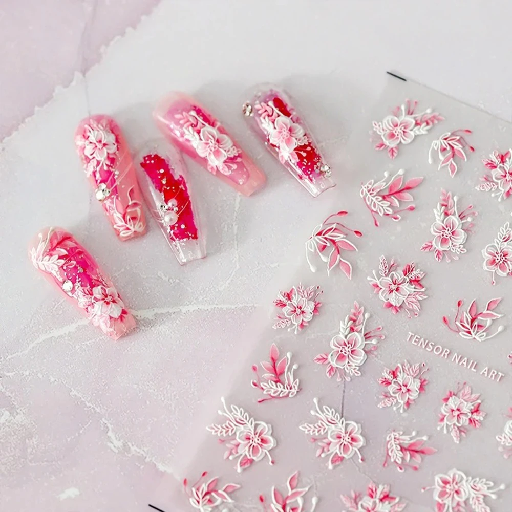 1PCS 5D Embossed Flower Nail Art Kawaii Self-Adhesive Pink Petal Stickers DIY Beauty Slider Decals Petal Transfer Nail Decoratio