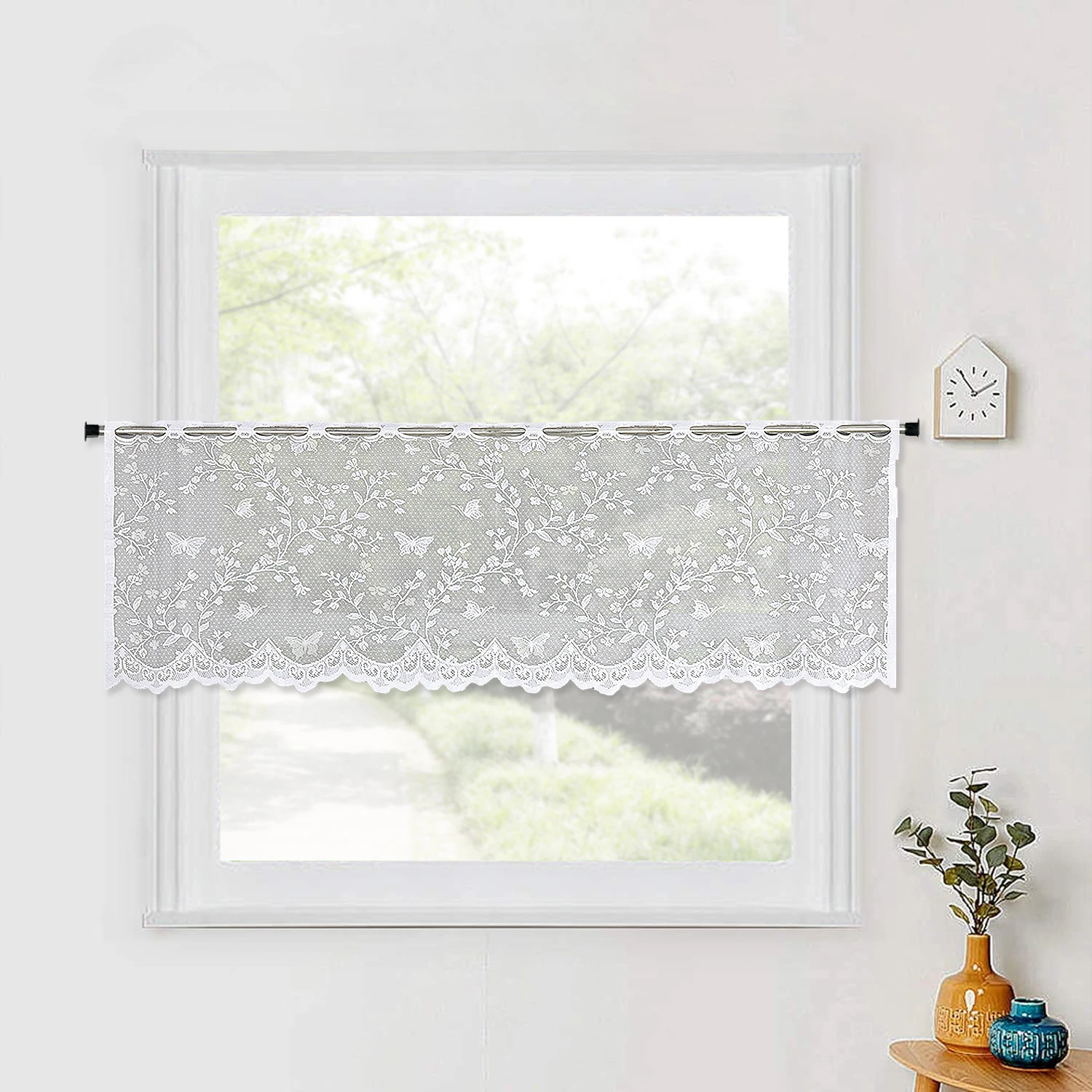 European Style White Translucent Warp Knitted Lace Small Short Curtain with Rod Leaf Artwork for Kitchen Cabinet