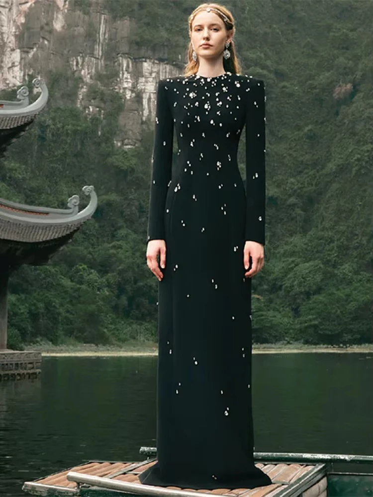 

Newest 2026 Fashion Women's fake Rhinestone Diamonds Beaded Long Maxi Dress
