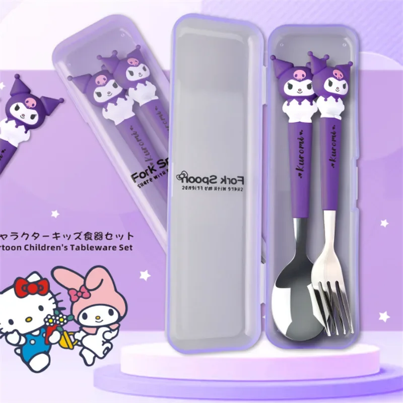 Children Tableware Hello Kitty Melody Kuromi Silicone Handle Tableware Two-piece Set Cinnamoroll Fork Spoon Kids Gifts image 2