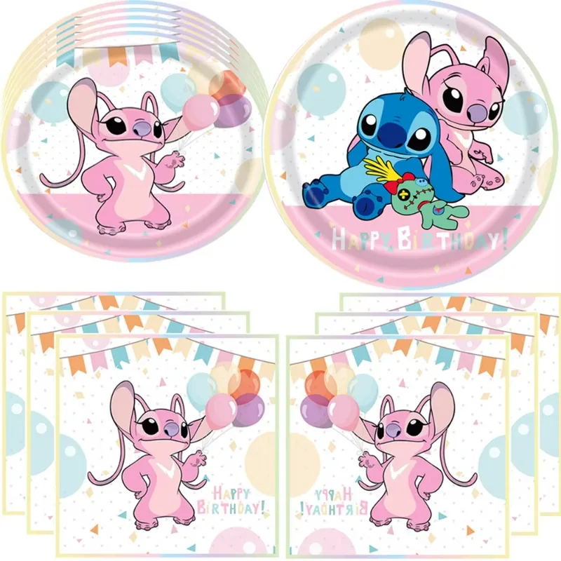 

Disney Pink Stitch Party Tableware Set Cups Plate Knife Fork Spoon Tissue Tablecloth Children's Birthday Party Decoration