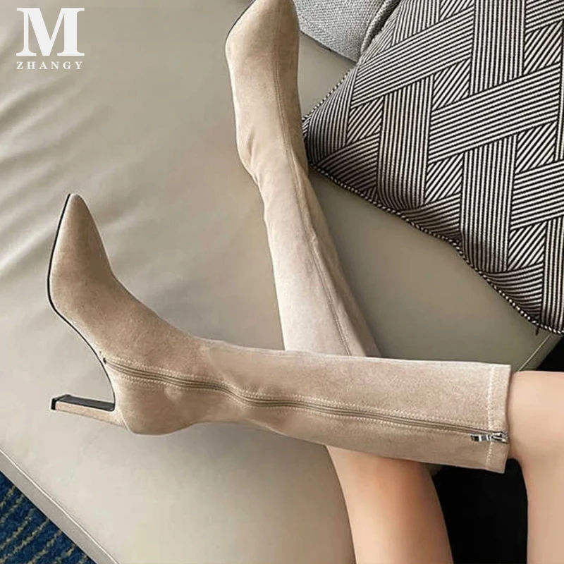 Pointed Toe Women High Boots High Heels Suede Sexy Shoes Trend Designer Pumps New Knee High Chelsea Botas De Mujer