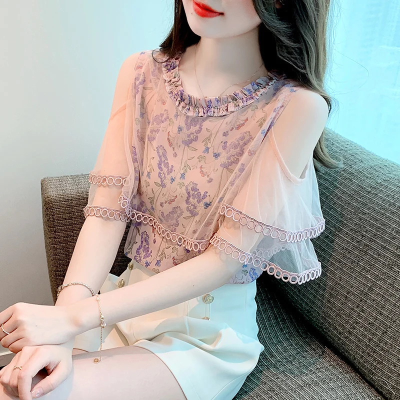 Summer Fashion Short-Sleeved Off Shoulder Chiffon Shirt Women\'s Clothing 2023 New Beautiful Mesh Top Super Fairy Blusas