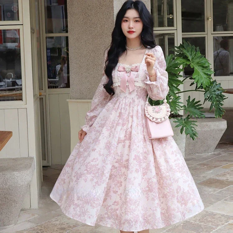 Gold Plated Long Sleeved Maxi Dresses Fairy Wind Sweet Pink Floral Dress for Women French Celebrity Style Vestidos