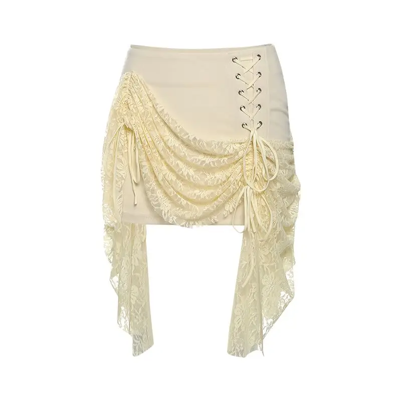 French Retro Palace Milk Apricot Lace Splicing Tube Top, Lace-up Irregular Skirt