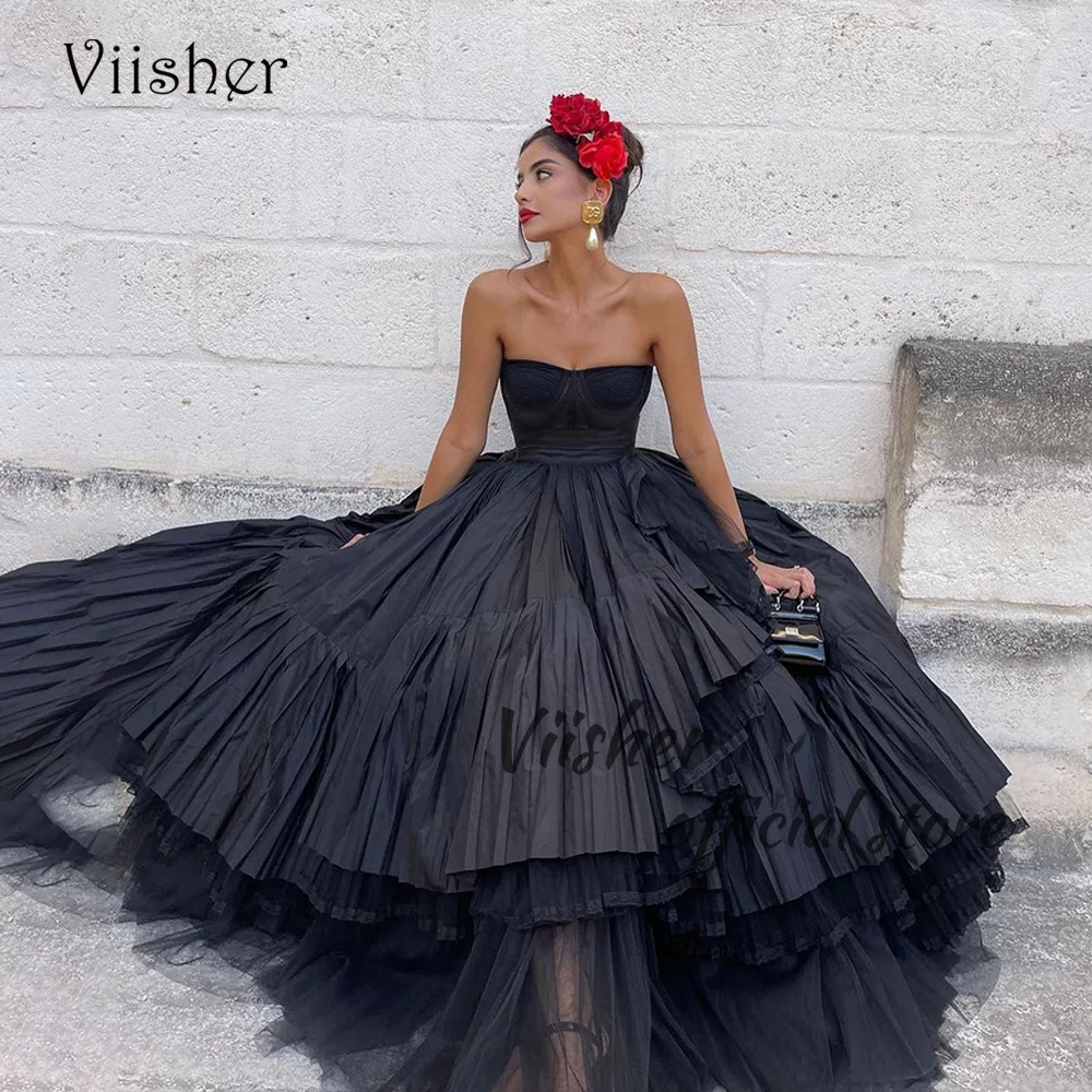 Viisher Black Taf A Line Avondjurken Sweetheart Plooien Gezwollen Tule Lange Prom Party Jurk Vloerlengte Vieren Jurken