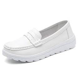 Genuine Leather Hollow Nurse Shoes with Soft Soles for Women Comfortable Breathable Non Slip flat Shoes Medical Work Small White
