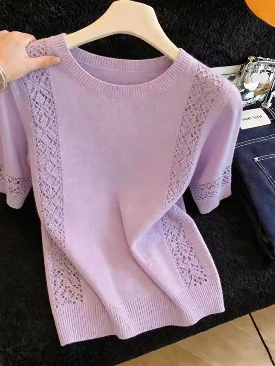 スリムラウンドネック半袖アイスシルクニット透かしトップスレディースツーピースセット夏新作カジュアル快適