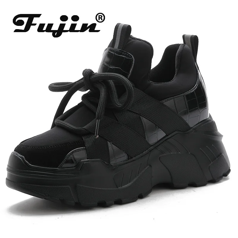 Fujin 8cm Lycra zapatos de plataforma de cuero genuino para Mujer zapatillas gruesas cuña tacón alto transpirable zapatos de verano para Mujer Tenis Mujer