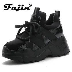 Fujin 8cm  Lycra Genuine Leather Women Platform Shoes Chunky Sneakers Wedge High Heel Breathable Women Summer Shoes Tenis Mujer