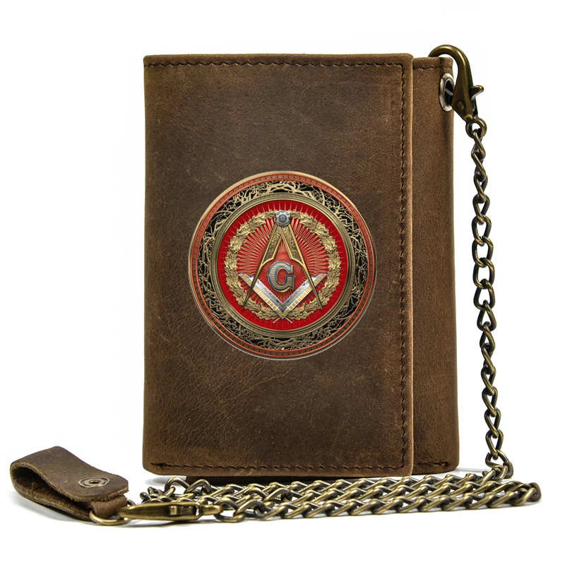 Luxury Men Genuine Leather Wallet With Iron Chain Anti Theft Masonic Master Mason Symbol Printing Card Holder Short Purse BT3484