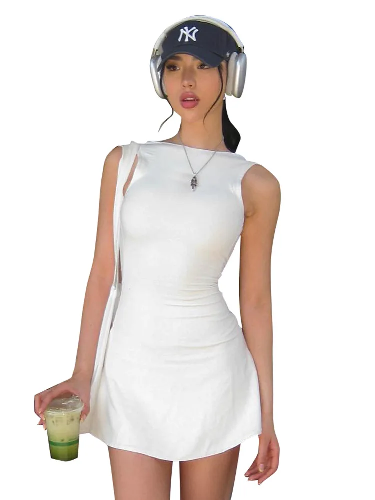 Elegancka Sukienka Mini Bez Rękawów z Odkrytymi Plecami, Dopasowana, Damska, Szykowna Sukienka Krótka w Linii A z Okrągłym Dekoltem, Sukienki Codzienne z Falbankami na Rękawach, Kolekcja 2025