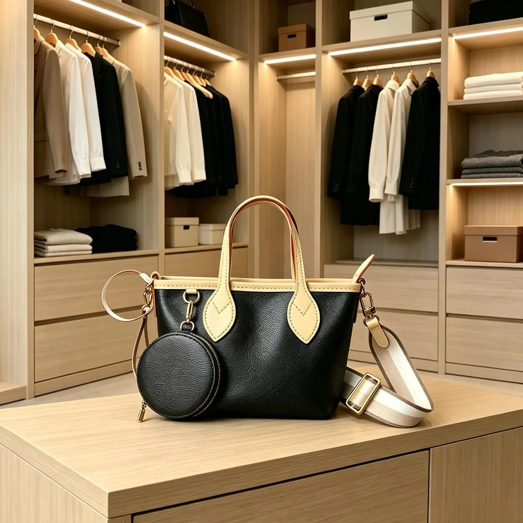 Black Beige Contrast Tote Bag Top Handle Handbag With Mini Round Coin Purse Ladies Wide Detachable Strap Faux Leather Purse