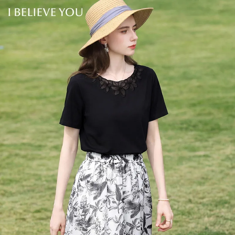 

I BELIEVE YOU Black Round Neck Short Sleeved T-Shirt For Women Summer 2026 Mesh Flower Embroidery Fashion Design Top 2261016236