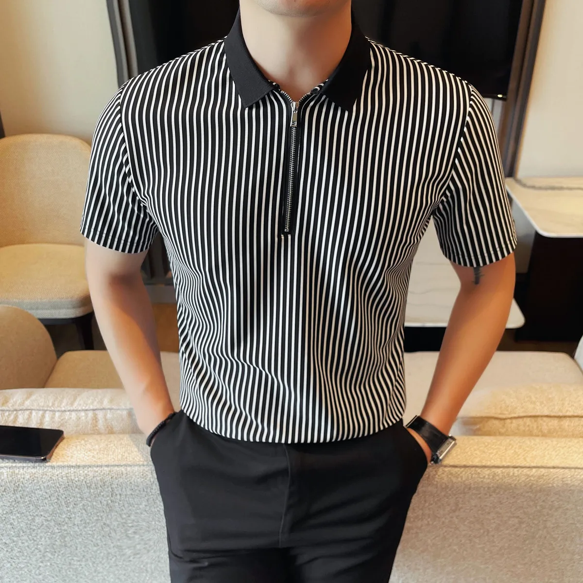 High Quality Summer Striped Polo Shirt Men Short Sleeve Slim Fit Casual Lapel T-shirt Gentleman's Versatile Half Zipper POLO Tee
