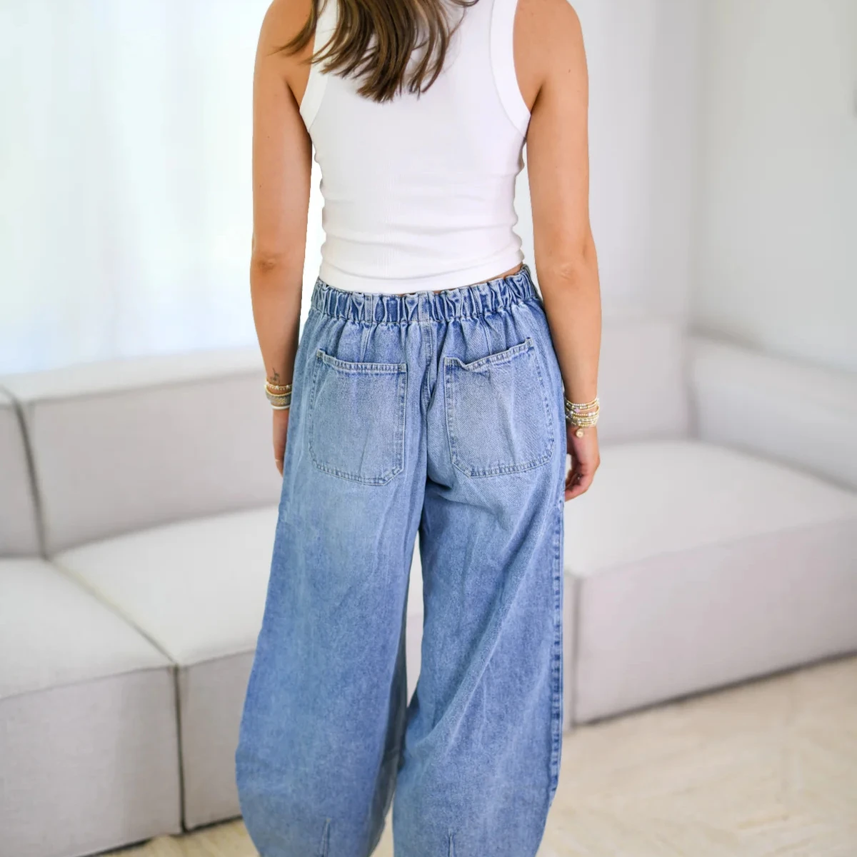 Street Sle Jeans da donna larghi casual Vita elastica Primavera Autunno Pantaloni da donna in cotone elasticizzato con cerniera