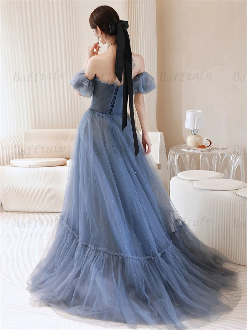 Bafftafe Customized Shiny Tulle A Line Prom Dresses Korea Removable Short Sleeves Pleats Corset Back Formal Party Evening Gowns