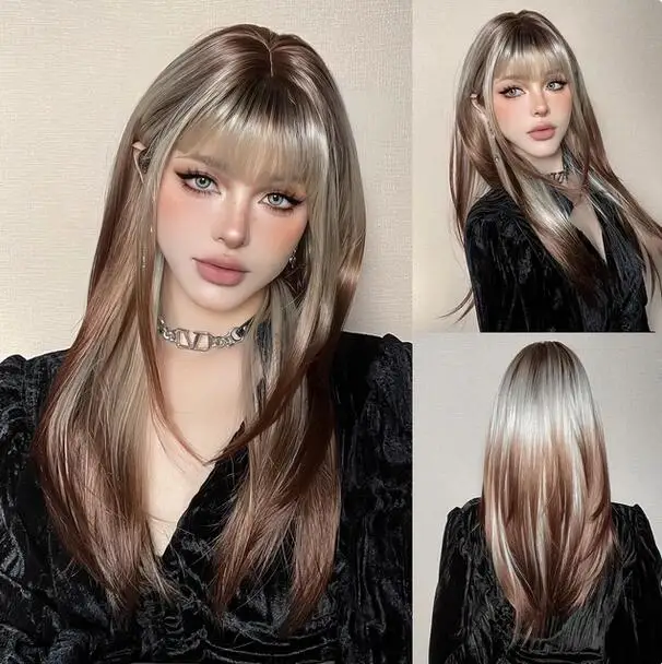 

Long Straight Layered Wigs with Bangs Ombre Blonde Brown Silky Synthetic Hair for Women Daily Party Wigs Heat Resistant