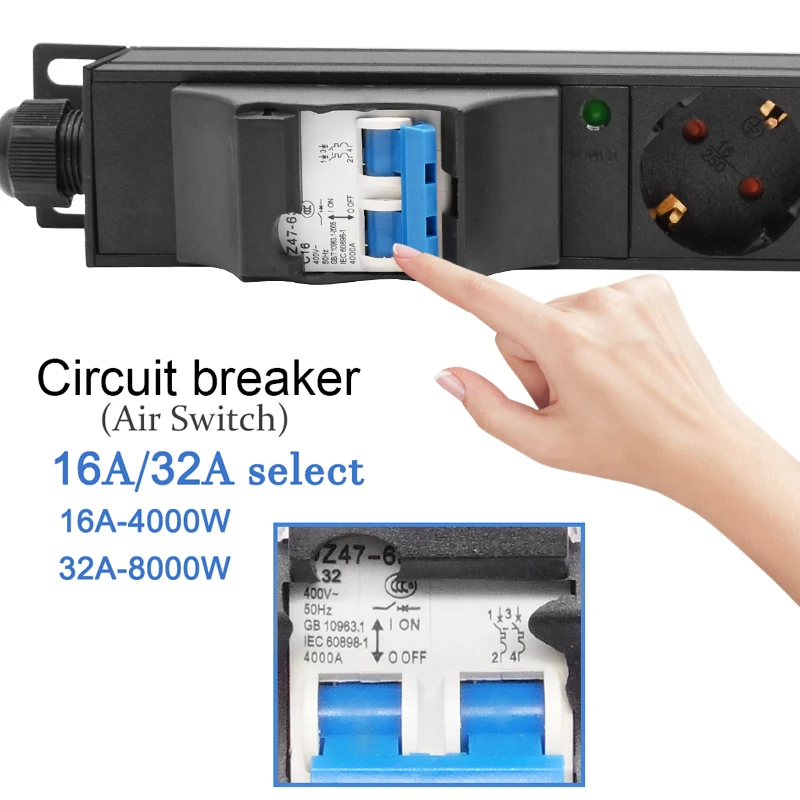 German Power Strip 2-10 Ways EU Outlet Socket 4000/8000W Air Switch LED Aluminum Alloy Network Cabinet Rack Socket