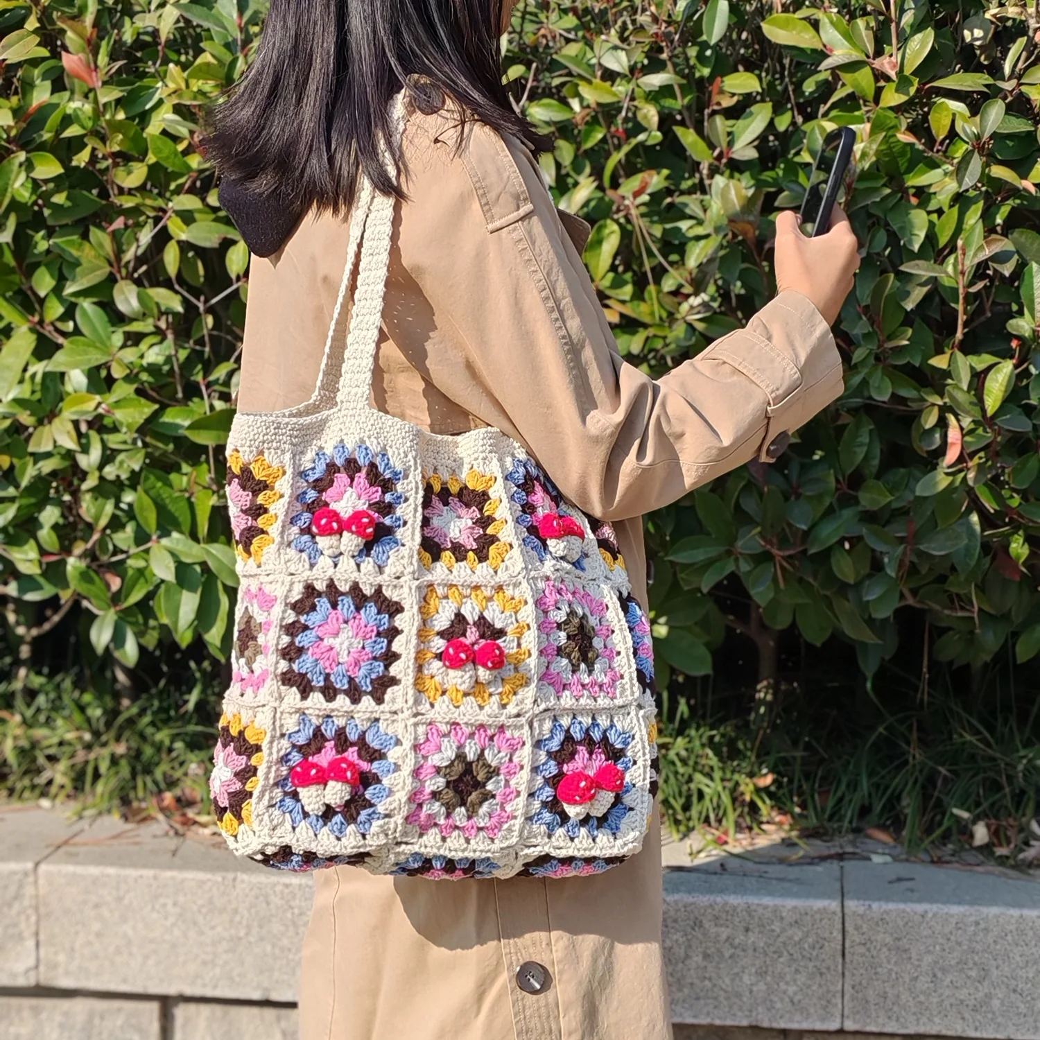 Handmade Granny Square Crochet Tote Bag with 3D Mushroom Charm Vintage Knitted Shoulder Bag Two Colors Lined Large Capacity