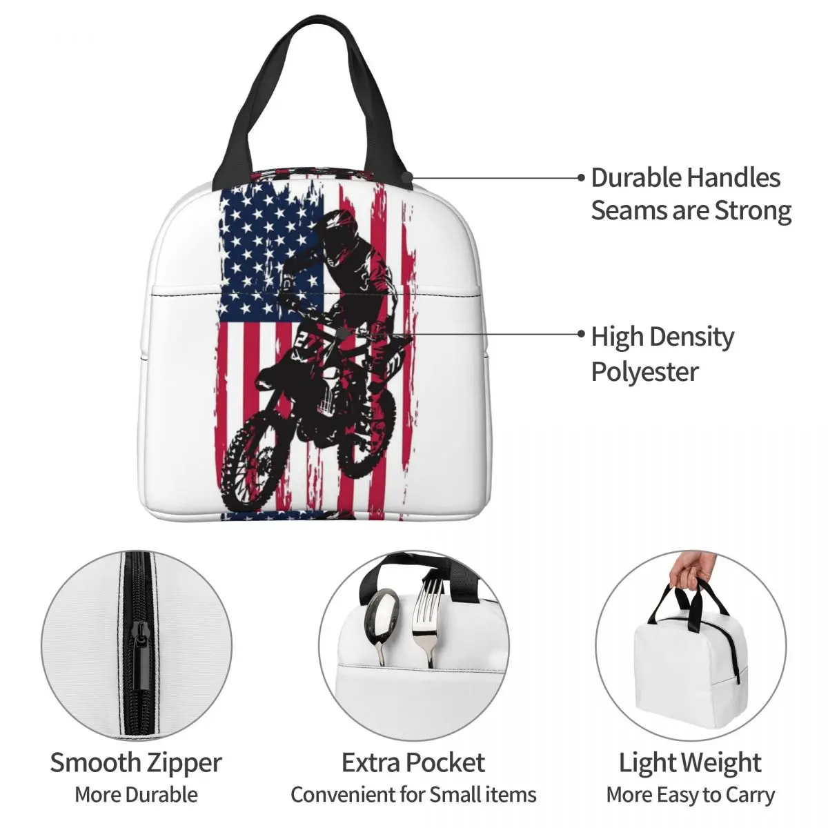 Dirt Bike Motocross USA American Flag Lunch Bags Bento Box Lunch Tote Leakproof Bag Cooler Thermal Bag for Woman Children Office