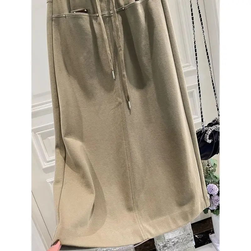 2024 New Temperament American Style Solid Color Drawstring Women's Versatile High Waist A-line Split Mid Length One Step Skirt