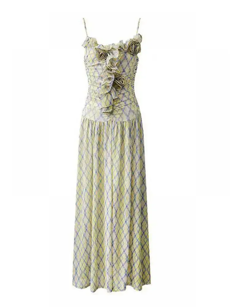 อเมริกัน Retro Elegant Boho Beach Slip Dress ผู้หญิงฤดูร้อนแขนกุดลายสก๊อตชุดยาวเซ็กซี่คลับชุดวันเกิด