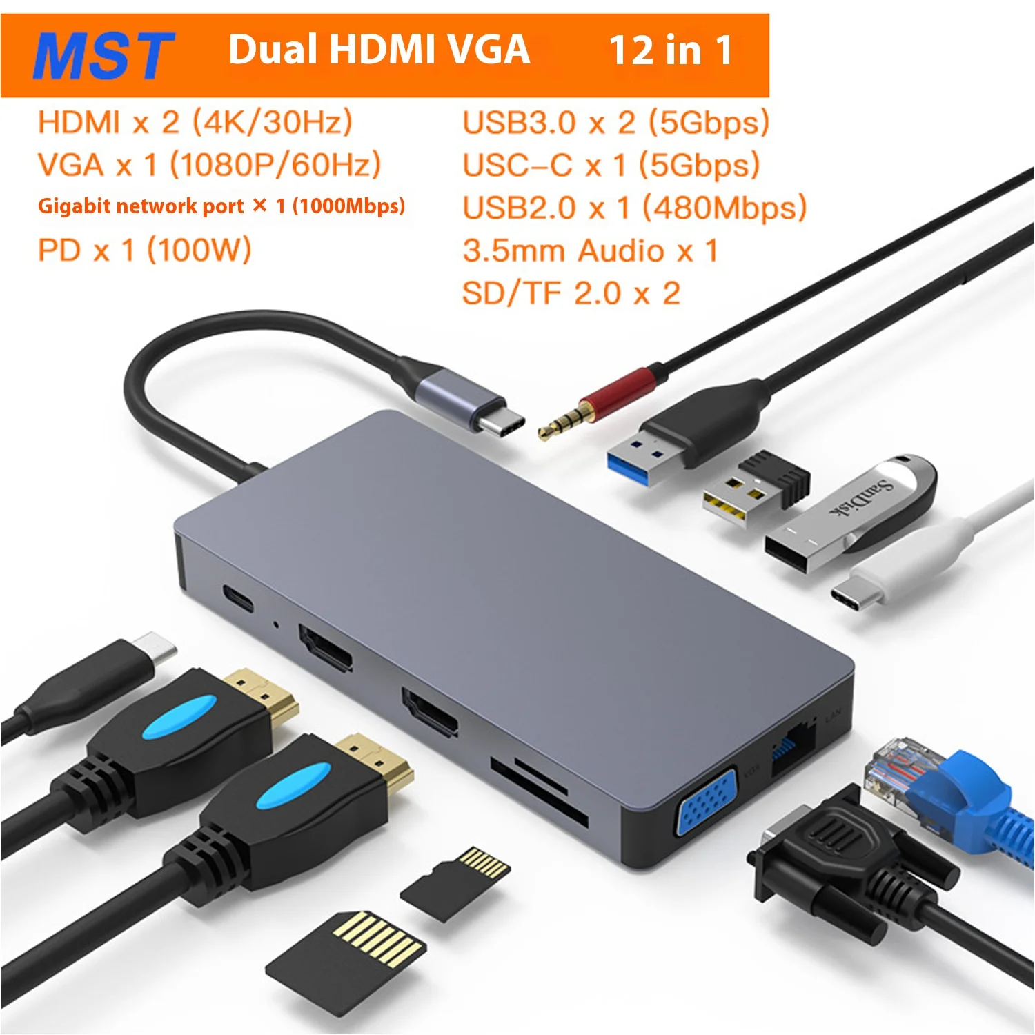 Type-C docking station 12 in 1 dual HDMI high definition 4K same screen docking station hub notebook USB 3.0 hub
