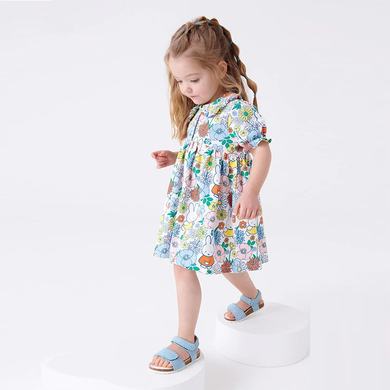 

Summer New European and American Children's Wear Cartoon Flowers Animals Print Polo Collar Cotton Cute Girls's Dress