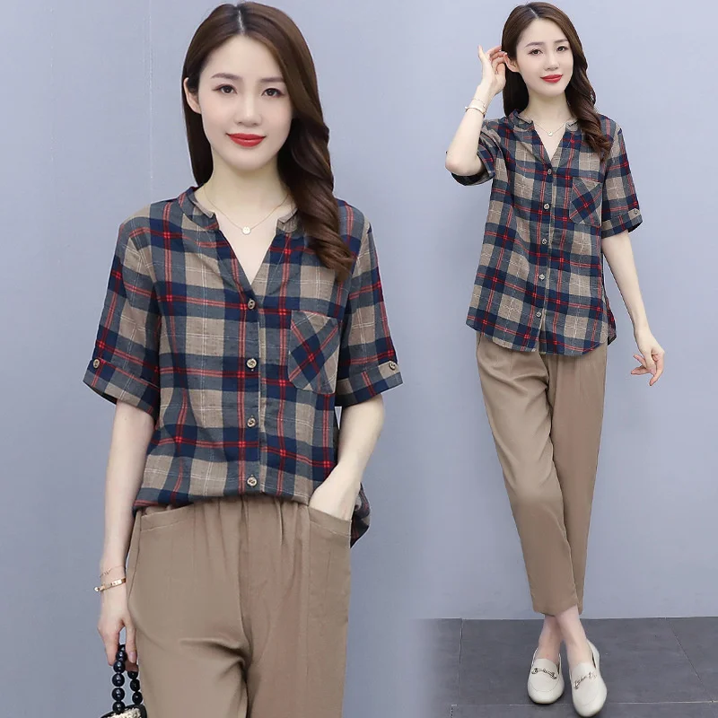 New 2022 Summer Causal Suits Fashion Cotton and linen plaid Short Sleeve Top + High Pants Loose Two Piece Sets Women Outfits