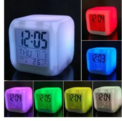 Colorful LED Digital Alarm Clock Silent Night Light Plastic Electronic Clock Creative Gift Amazon Cross-Border Seven Color Squar