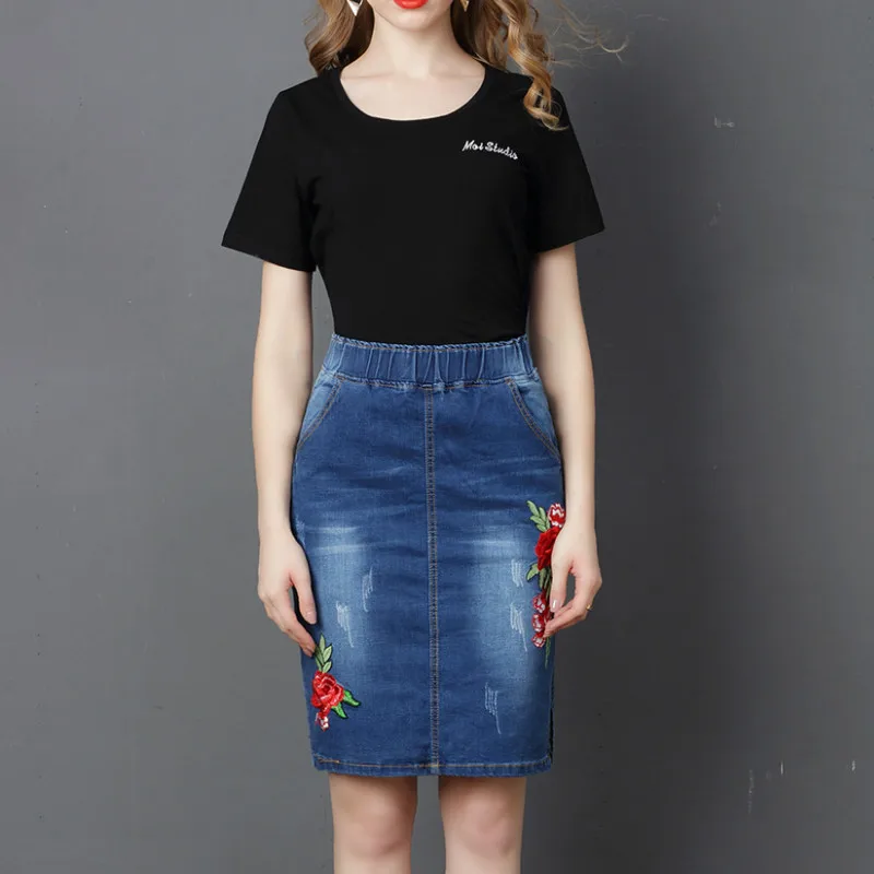 

2024 Women Spring&summer European & American Denim Skirt Embroidered High Waist Elastic Soild Color Women Denim Skirt Plus Size