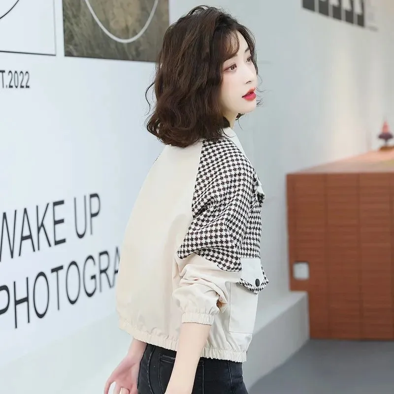 Women's Spring Autumn Short Ladies Coats New Houndstooth Color Matching Wild Jackets Pockets Button Casual Baseball Uniform