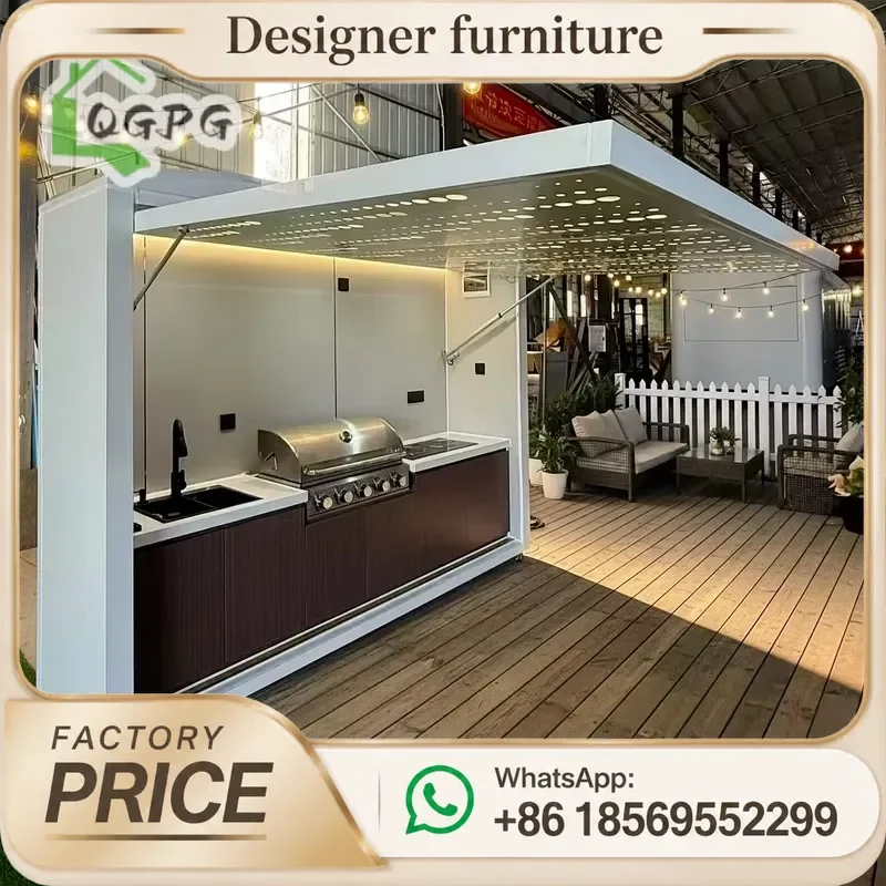Stainless Steel Motorized Flip Up Door Outdoor Kitchen Integrated Grill Sink Storage For Garden Patio All In One Quick