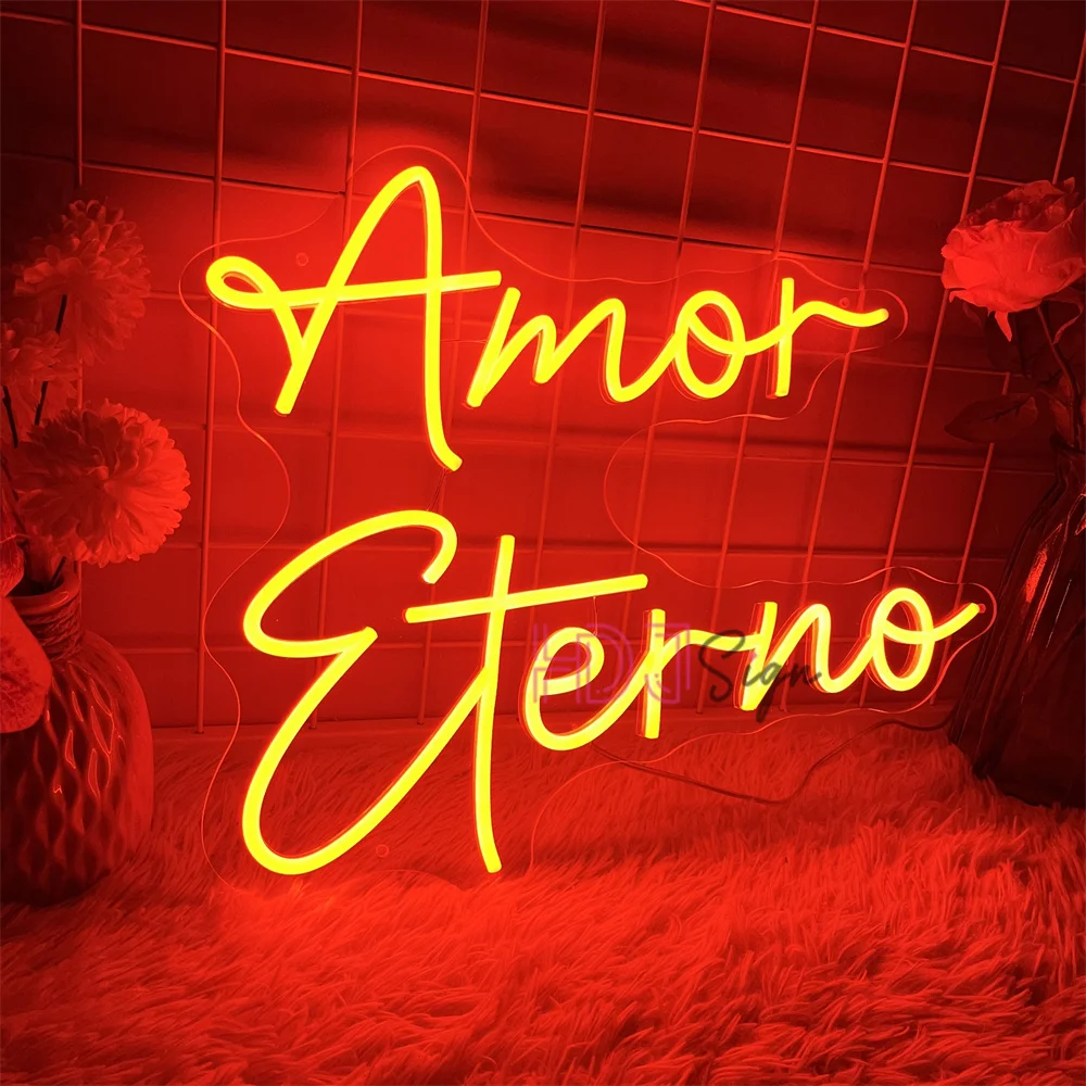 Amor Eterno-letreros Led de neón para decoración de dormitorio, arte para el hogar, luces de neón LED de boda española, letreros de decoración de pared de habitación de fiesta USB