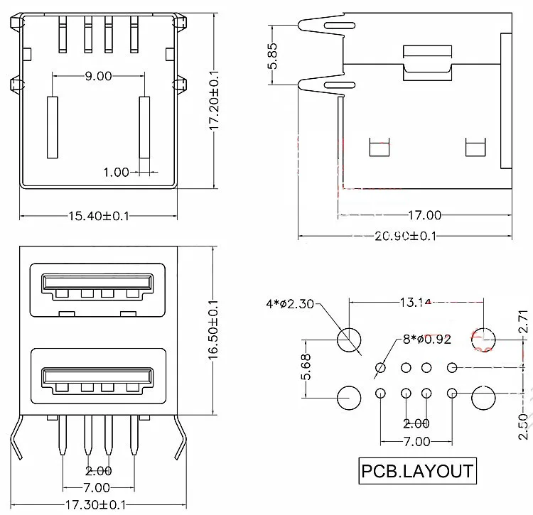 พอร์ต USB คู่แบบแพ็กกล่อง90องศาพอร์ต USB คู่เชื่อมต่อการส่งข้อมูลแผงวงจรคอมพิวเตอร์