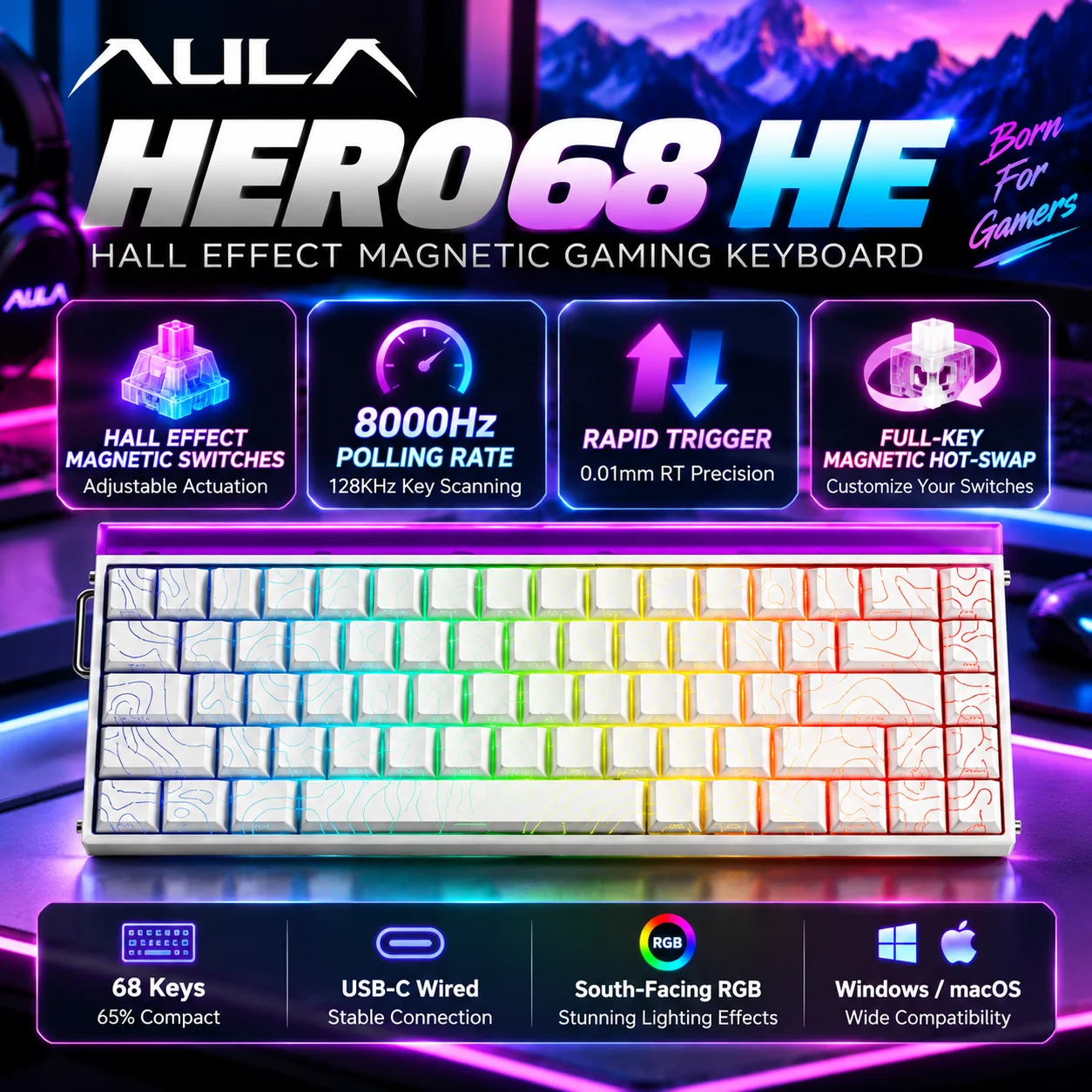 AULA HERO68 HE Magnetic Gaming Keyboard 68 Keys Hall Effect 8000Hz RGB Rapid Trigger Hot Swap