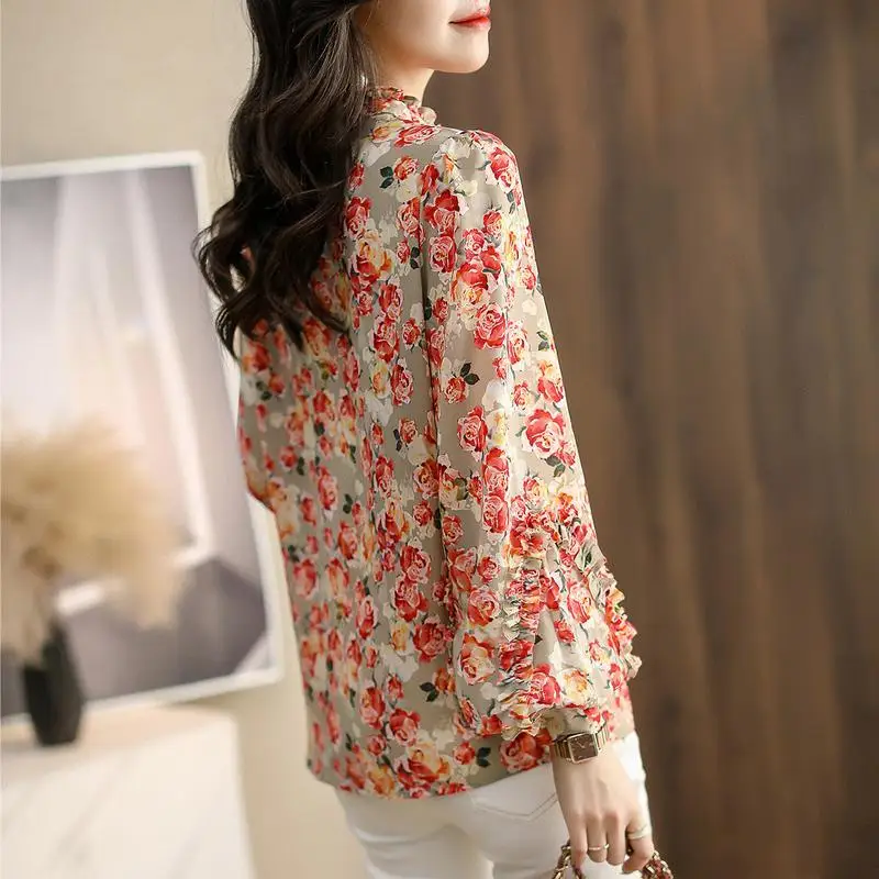 Retro Floral Print Elegant Chic Sweet Ruffle Shirts Spring Fashion Stand Collar Long Sleeve Tops Blouses for Women Clothing 2023