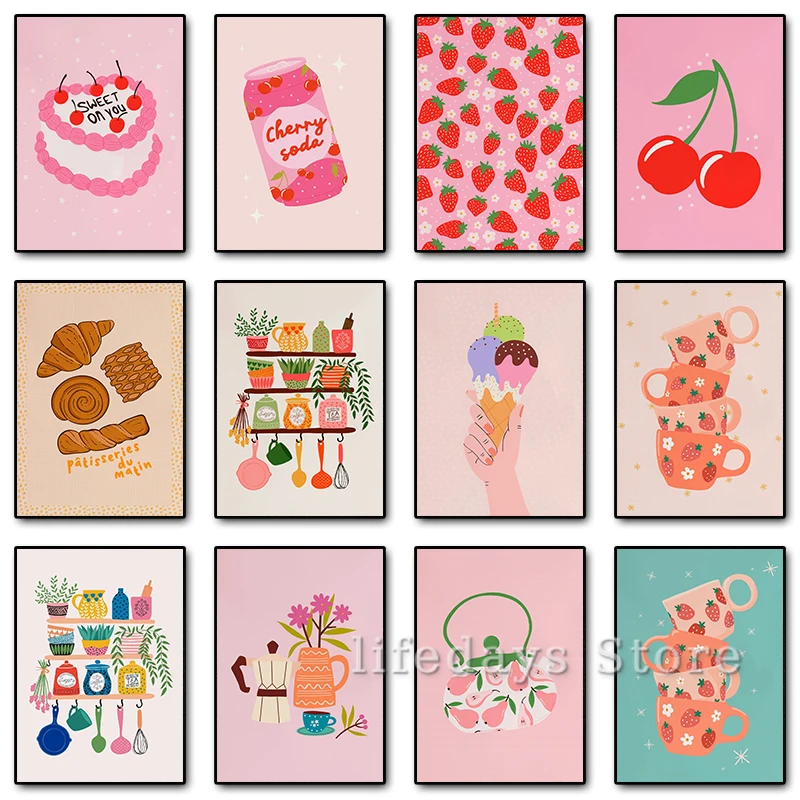 Coffee Tea Picture - Colourful Kitchen Shelves Poster Fruit Cherry