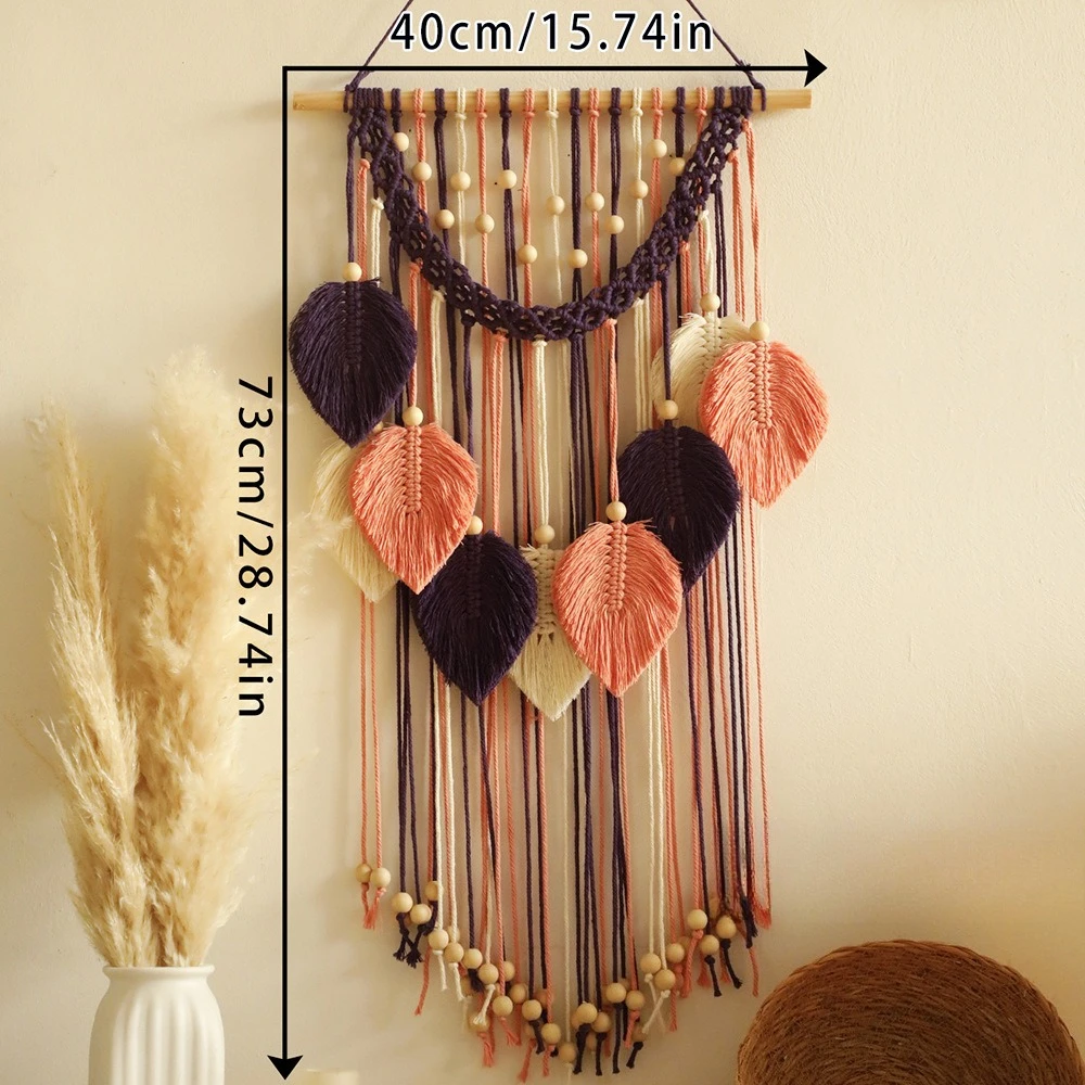 Handmade cotton thread weaving wooden bead leaf tapestry minimalist home decor bedroom homestay wall decoration