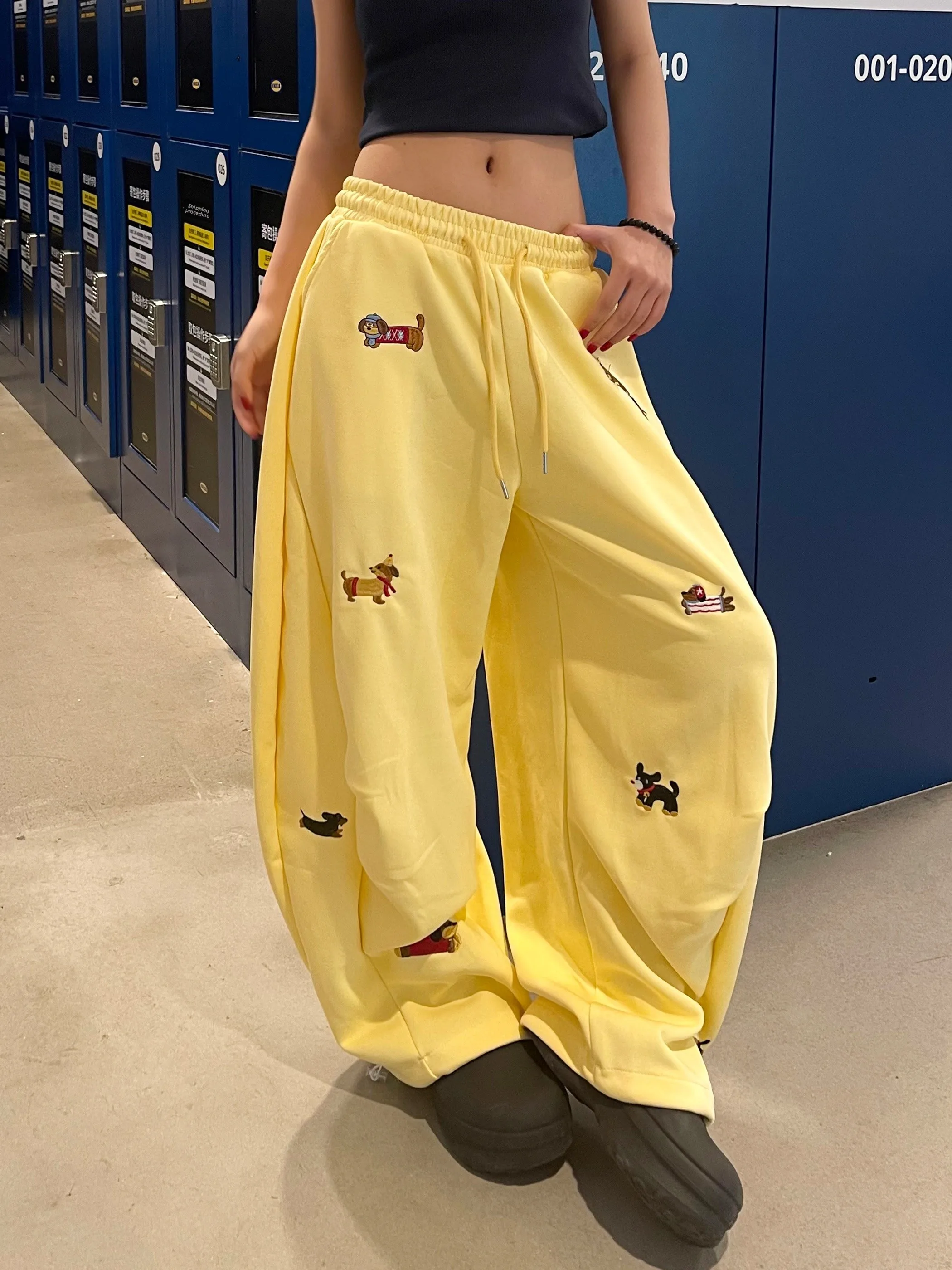 بنطلون رياضي واسع الساق بتطريز كلب السجق على الطراز الأمريكي للرجال والنساء، بنطلون كاجوال ريترو مطوي ونحيف #2